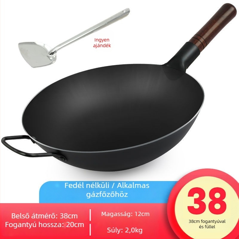 Ősi stílusú vastag vas wok kovácsolt vasból, bevonat nélküli és tapadásmentes tulajdonságokkal, fedél rozsdamentes acélból üvegpanellel, alkalmas gázlángos tűzhelyhez
