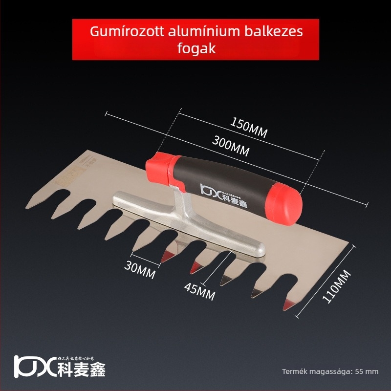 Hosszú rozsdamentes acél glettelőkanál fogazott éllel csempe felhelyezéséhez, Kehaixin, 0.8 mm vastagság