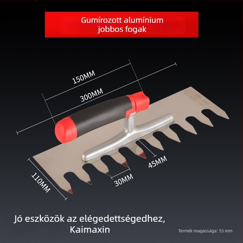 Hosszú rozsdamentes acél glettelőkanál fogazott éllel csempe felhelyezéséhez, Kehaixin, 0.8 mm vastagság