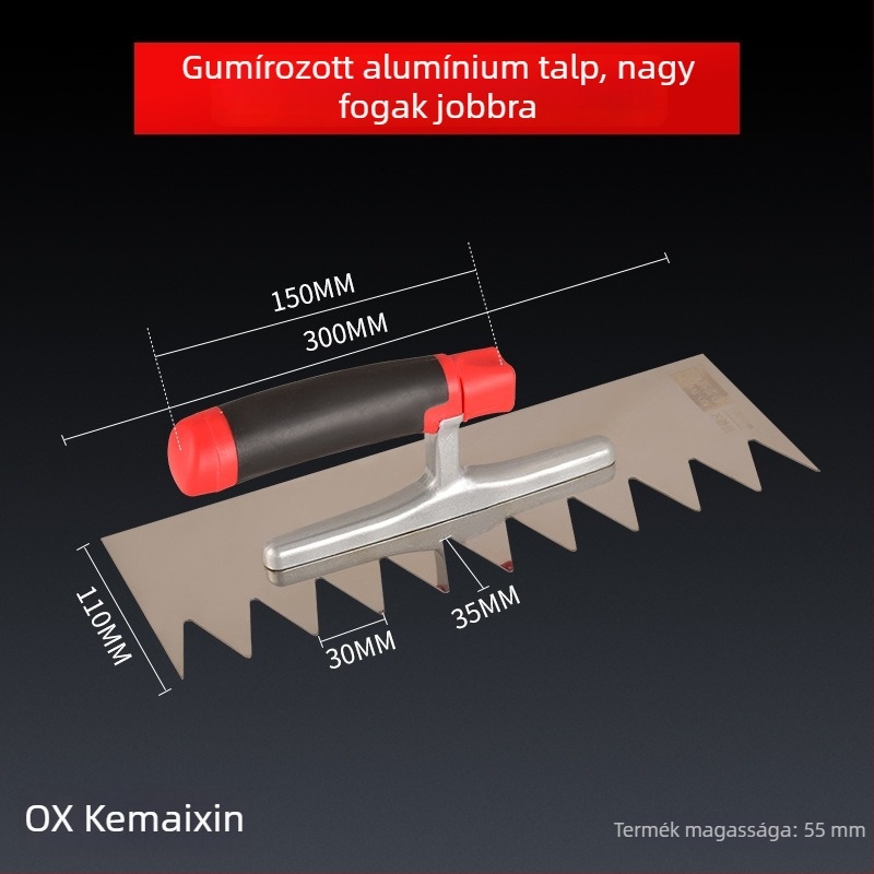 Hosszú rozsdamentes acél glettelőkanál fogazott éllel csempe felhelyezéséhez, Kehaixin, 0.8 mm vastagság