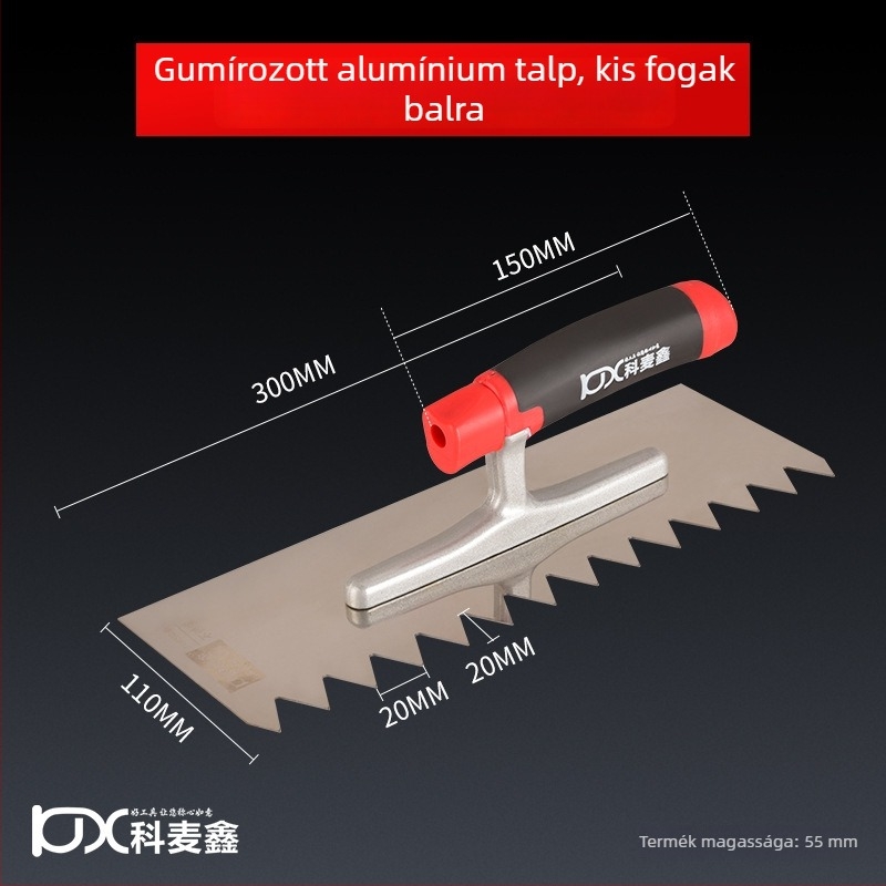 Hosszú rozsdamentes acél glettelőkanál fogazott éllel csempe felhelyezéséhez, Kehaixin, 0.8 mm vastagság