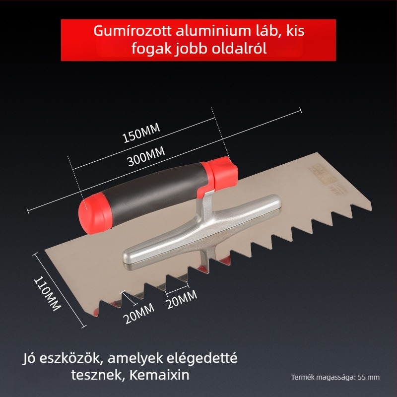 Hosszú rozsdamentes acél glettelőkanál fogazott éllel csempe felhelyezéséhez, Kehaixin, 0.8 mm vastagság