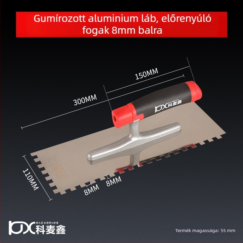 Hosszú rozsdamentes acél glettelőkanál fogazott éllel csempe felhelyezéséhez, Kehaixin, 0.8 mm vastagság