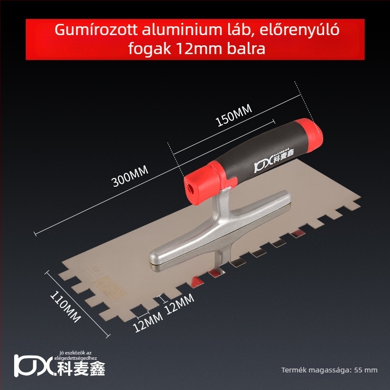 Hosszú rozsdamentes acél glettelőkanál fogazott éllel csempe felhelyezéséhez, Kehaixin, 0.8 mm vastagság