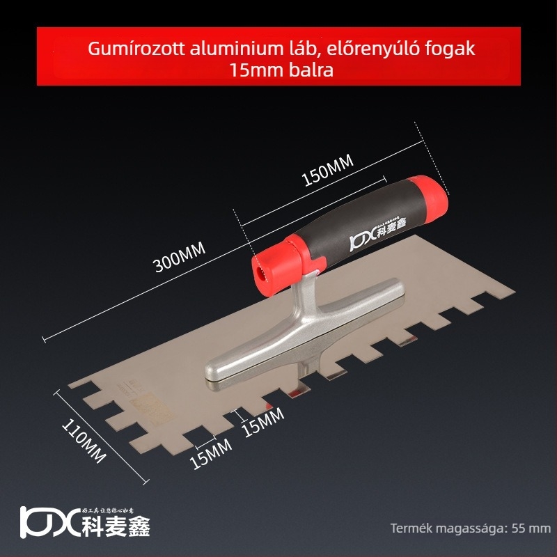Hosszú rozsdamentes acél glettelőkanál fogazott éllel csempe felhelyezéséhez, Kehaixin, 0.8 mm vastagság