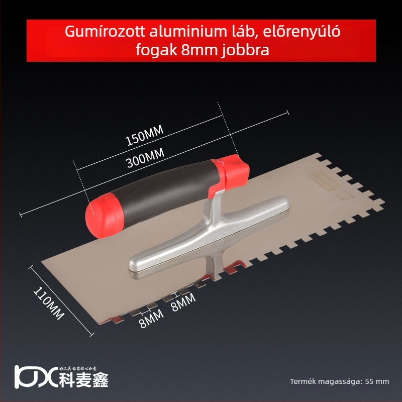 Hosszú rozsdamentes acél glettelőkanál fogazott éllel csempe felhelyezéséhez, Kehaixin, 0.8 mm vastagság