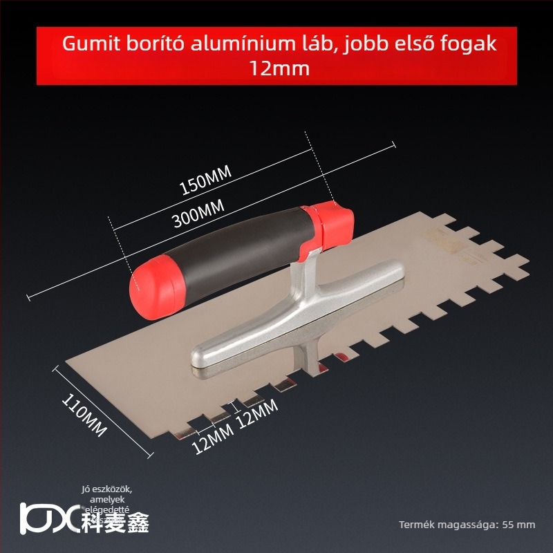 Hosszú rozsdamentes acél glettelőkanál fogazott éllel csempe felhelyezéséhez, Kehaixin, 0.8 mm vastagság