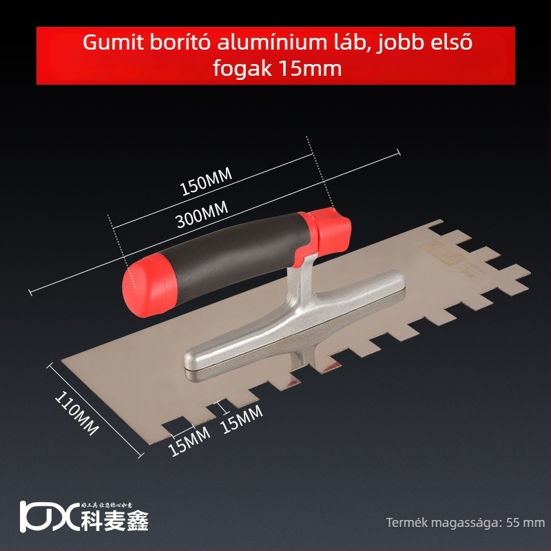 Hosszú rozsdamentes acél glettelőkanál fogazott éllel csempe felhelyezéséhez, Kehaixin, 0.8 mm vastagság