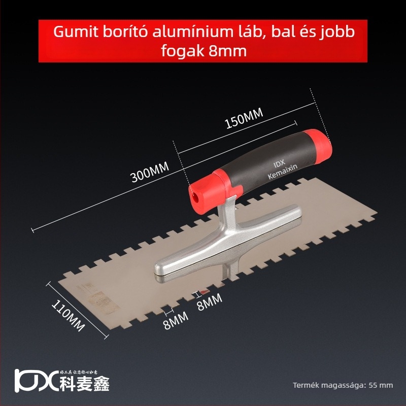 Hosszú rozsdamentes acél glettelőkanál fogazott éllel csempe felhelyezéséhez, Kehaixin, 0.8 mm vastagság