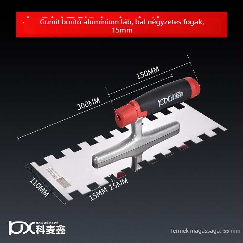 Hosszú rozsdamentes acél glettelőkanál fogazott éllel csempe felhelyezéséhez, Kehaixin, 0.8 mm vastagság
