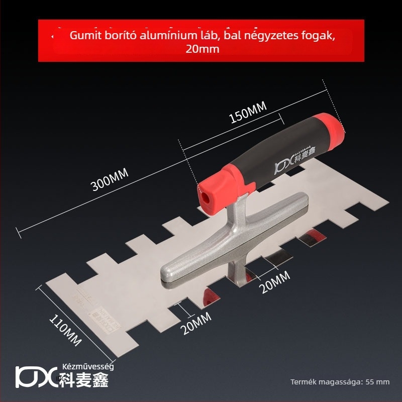 Hosszú rozsdamentes acél glettelőkanál fogazott éllel csempe felhelyezéséhez, Kehaixin, 0.8 mm vastagság