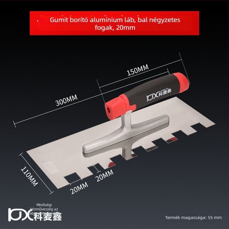 Hosszú rozsdamentes acél glettelőkanál fogazott éllel csempe felhelyezéséhez, Kehaixin, 0.8 mm vastagság