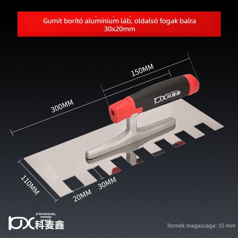 Hosszú rozsdamentes acél glettelőkanál fogazott éllel csempe felhelyezéséhez, Kehaixin, 0.8 mm vastagság