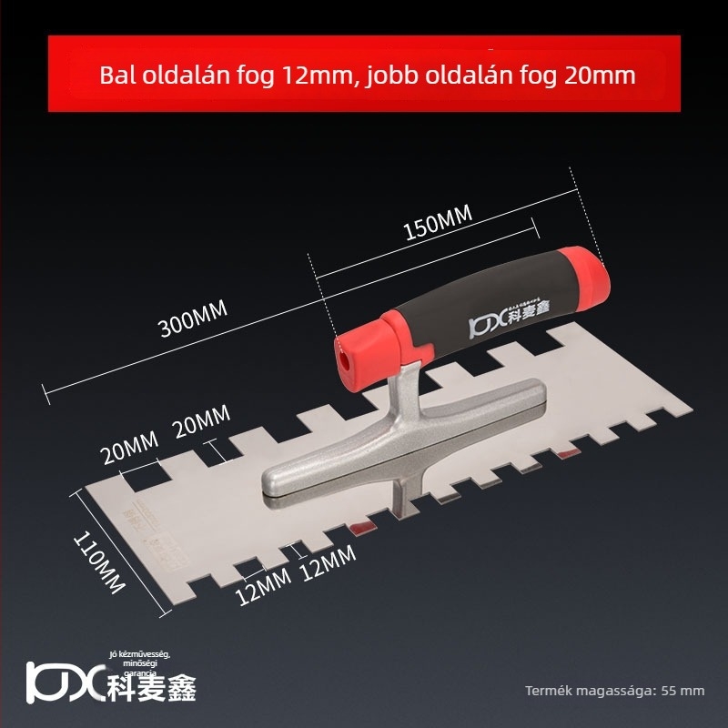 Hosszú rozsdamentes acél glettelőkanál fogazott éllel csempe felhelyezéséhez, Kehaixin, 0.8 mm vastagság