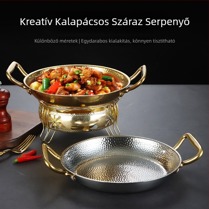 Rozsdamentes acél serpenyő dupla füllel, 304-es rozsdamentes acél, indukciós kompatibilis, tapadásmentes bevonat