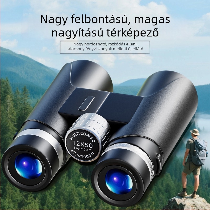 AB típusú kettős cső binokulár, 10x nagyítás, ütésálló külső gumírozott kivitel, látómező 109 m/1000 m