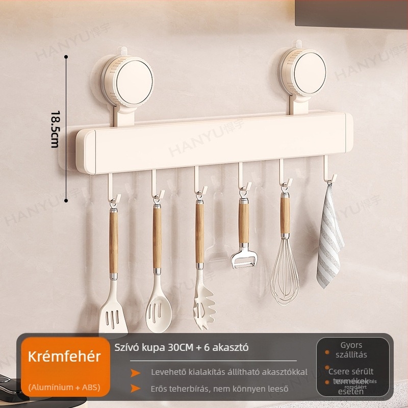 Szerelhető falra konyhai akasztóállvány vákuumos rögzítéssel, 12 kampóval, Space Aluminum + ABS, modern minimál stílus, teherbírás 5–10 kg