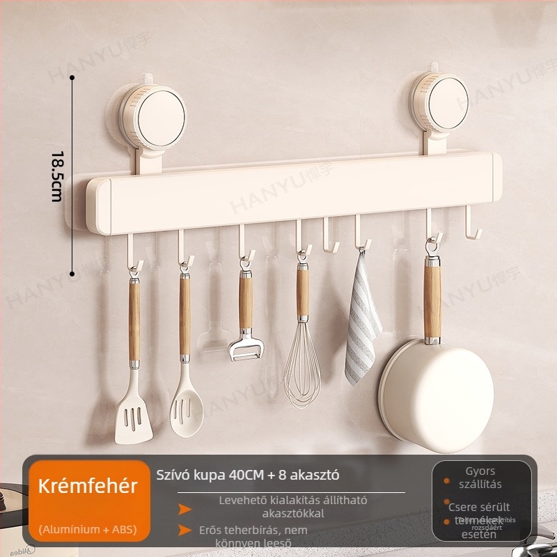 Szerelhető falra konyhai akasztóállvány vákuumos rögzítéssel, 12 kampóval, Space Aluminum + ABS, modern minimál stílus, teherbírás 5–10 kg