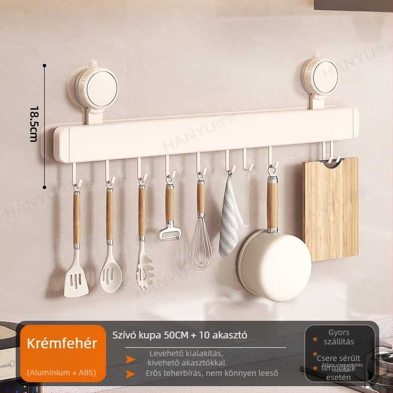 Szerelhető falra konyhai akasztóállvány vákuumos rögzítéssel, 12 kampóval, Space Aluminum + ABS, modern minimál stílus, teherbírás 5–10 kg