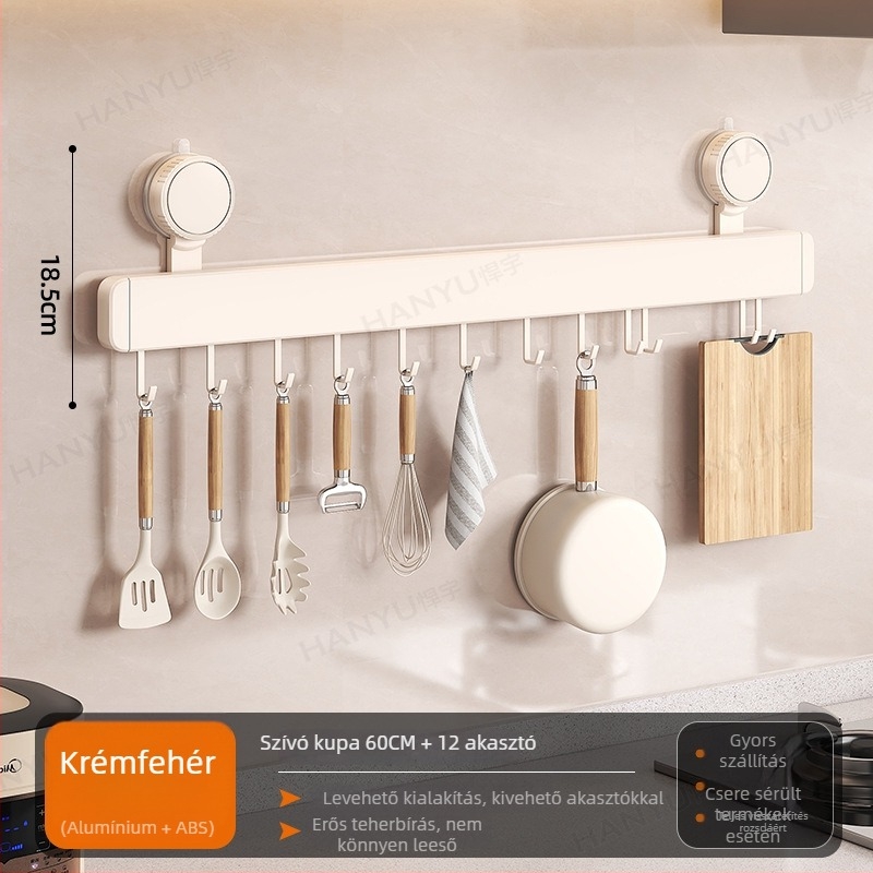 Szerelhető falra konyhai akasztóállvány vákuumos rögzítéssel, 12 kampóval, Space Aluminum + ABS, modern minimál stílus, teherbírás 5–10 kg