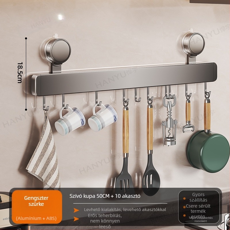 Szerelhető falra konyhai akasztóállvány vákuumos rögzítéssel, 12 kampóval, Space Aluminum + ABS, modern minimál stílus, teherbírás 5–10 kg