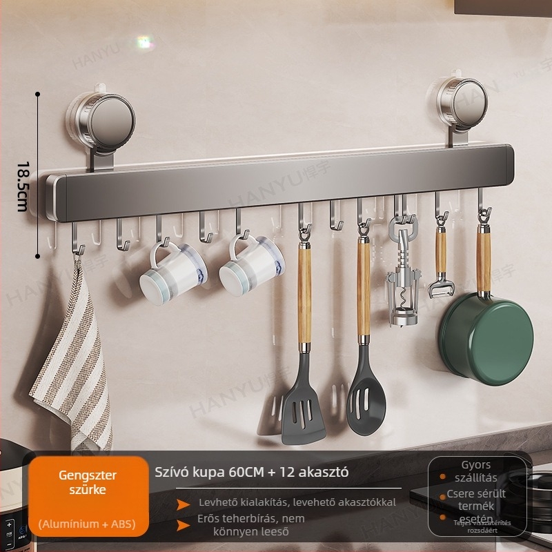 Szerelhető falra konyhai akasztóállvány vákuumos rögzítéssel, 12 kampóval, Space Aluminum + ABS, modern minimál stílus, teherbírás 5–10 kg