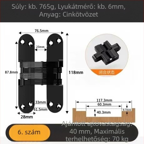 Sand Chrome kereszt rejtett ajtózsanér, anyag: vas és cinkötvözet, 3,5 mm vastagság, felületkezelés: electroplating, Brushed, Polished, Passivation