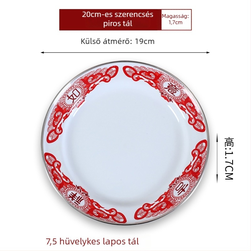 Emaillált kör alakú tál – vastagított, szerencse mintázat, kínai retro stílus, otthoni használatra, alkalmas forró fazékhoz és grillhez