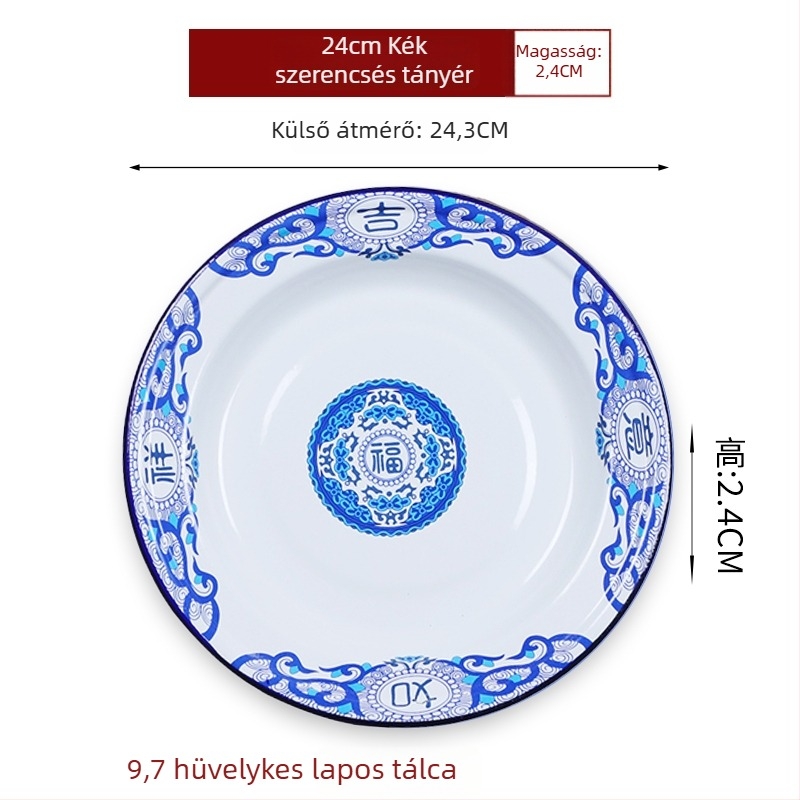 Emaillált kör alakú tál – vastagított, szerencse mintázat, kínai retro stílus, otthoni használatra, alkalmas forró fazékhoz és grillhez