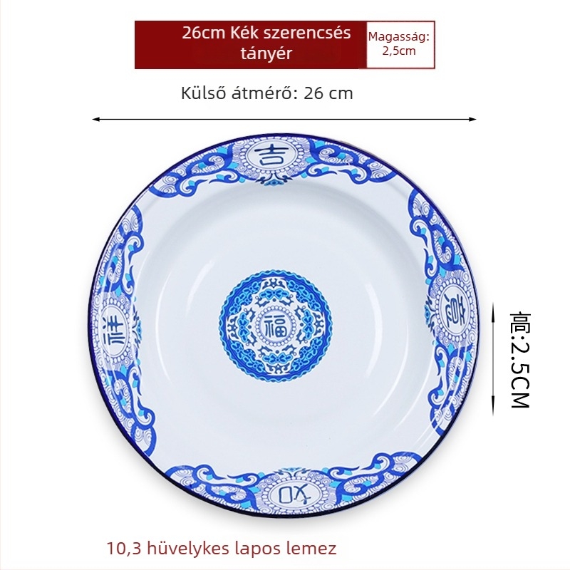 Emaillált kör alakú tál – vastagított, szerencse mintázat, kínai retro stílus, otthoni használatra, alkalmas forró fazékhoz és grillhez