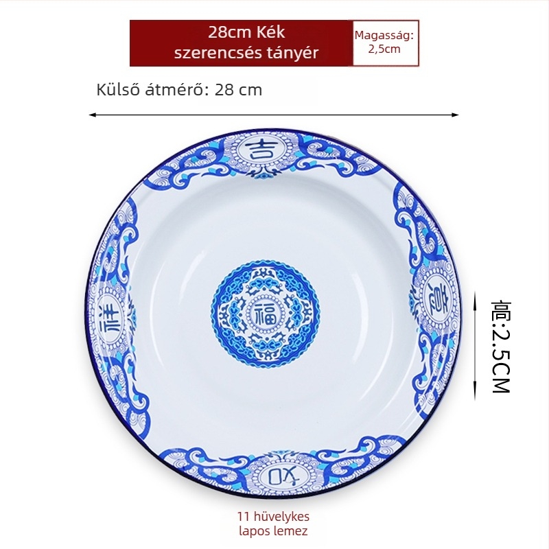 Emaillált kör alakú tál – vastagított, szerencse mintázat, kínai retro stílus, otthoni használatra, alkalmas forró fazékhoz és grillhez