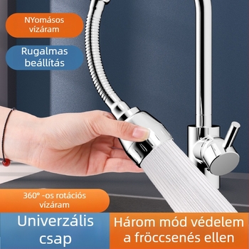 Konyhai csaptele meghosszabbítója, univerzális forgó fej, nyomás alatti permetezés elleni védelem, rozsdamentes acél