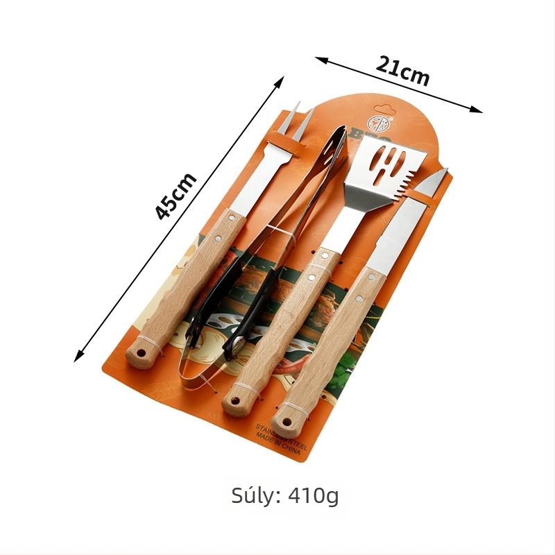 Rozsdamentes acél BBQ eszköz készlet: kés, klip, villa és spatula