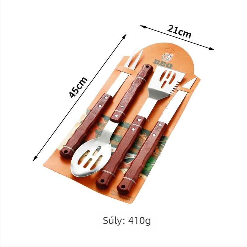 Rozsdamentes acél BBQ eszköz készlet: kés, klip, villa és spatula