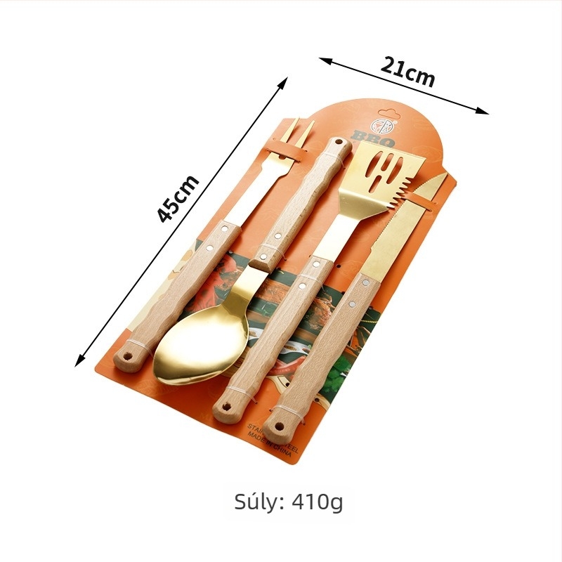 Rozsdamentes acél BBQ eszköz készlet: kés, klip, villa és spatula