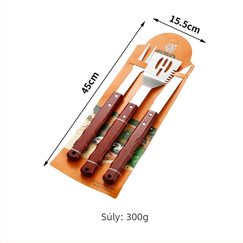 Rozsdamentes acél BBQ eszköz készlet: kés, klip, villa és spatula