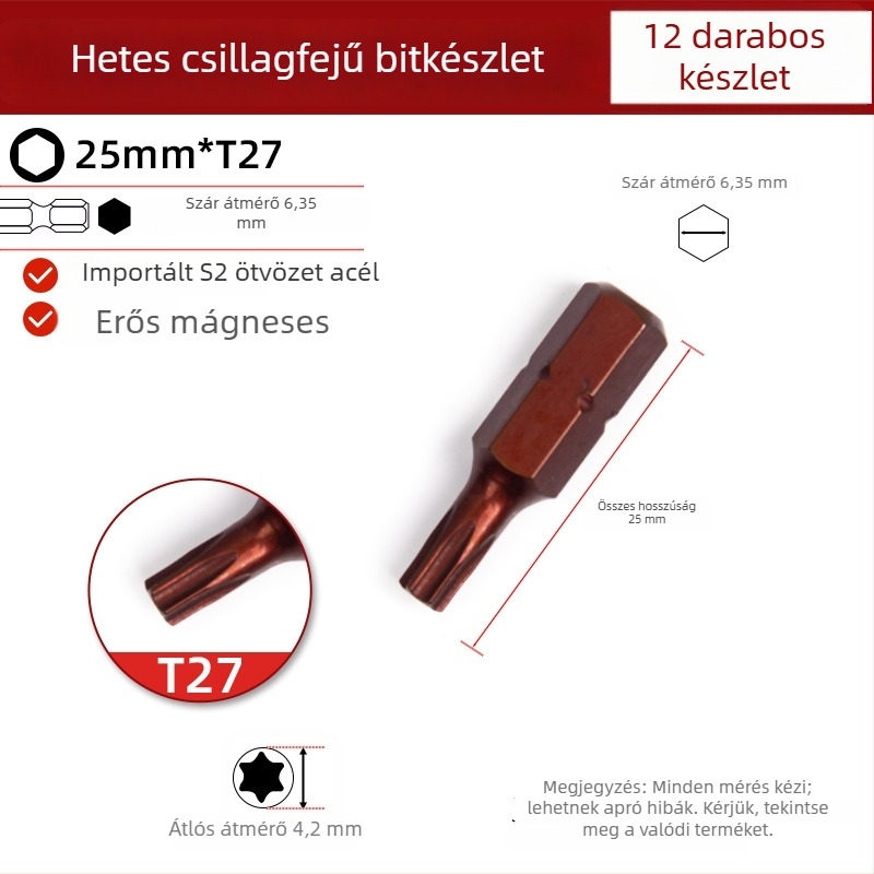 Hétszögletű mágneses bit elektromos fúróhoz és csavarozóhoz, 25 mm; Márka: Other; Anyag: Sandalwood