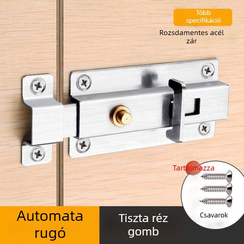Rozsdamentes acélból készült B-típusú rugós zár, felületre szerelhető, modell YDX1043, fa ajtókhoz
