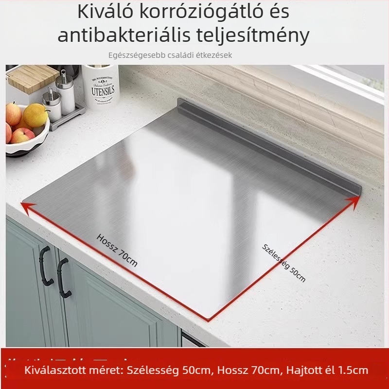 Rozsdamentes acélból készült vágó- és tészta gyúró deszka, kétoldalas konyhai vágódeszka zöldségek és gyümölcsök számára, antibakteriális, vastított, csúszásmentes