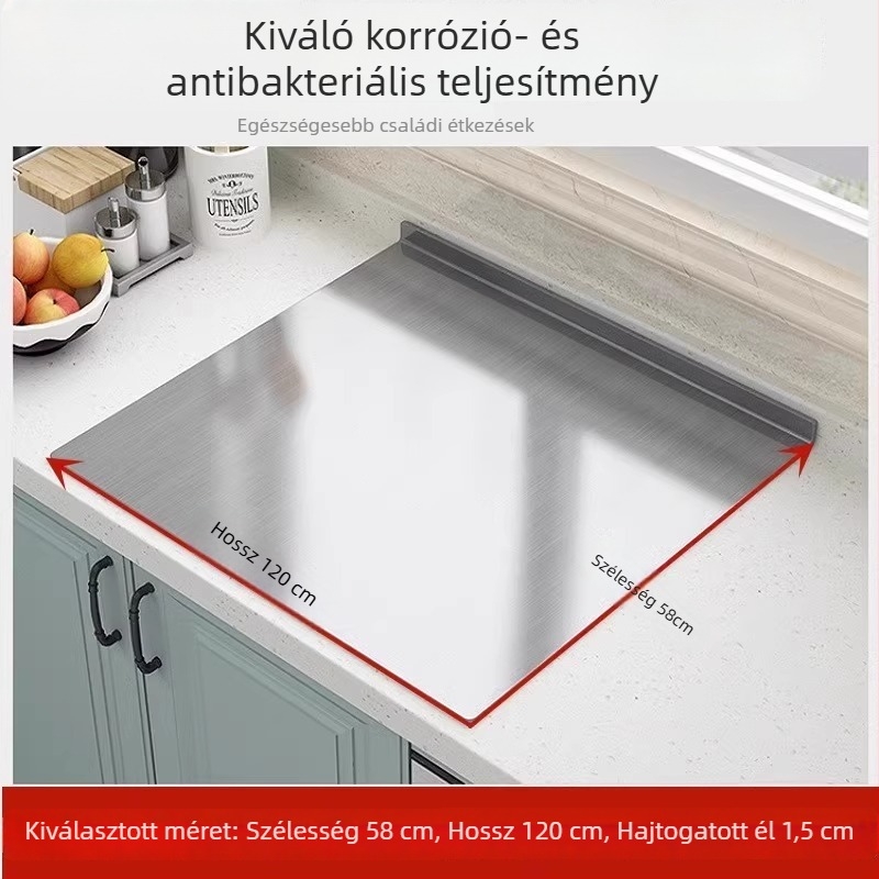 Rozsdamentes acélból készült vágó- és tészta gyúró deszka, kétoldalas konyhai vágódeszka zöldségek és gyümölcsök számára, antibakteriális, vastított, csúszásmentes