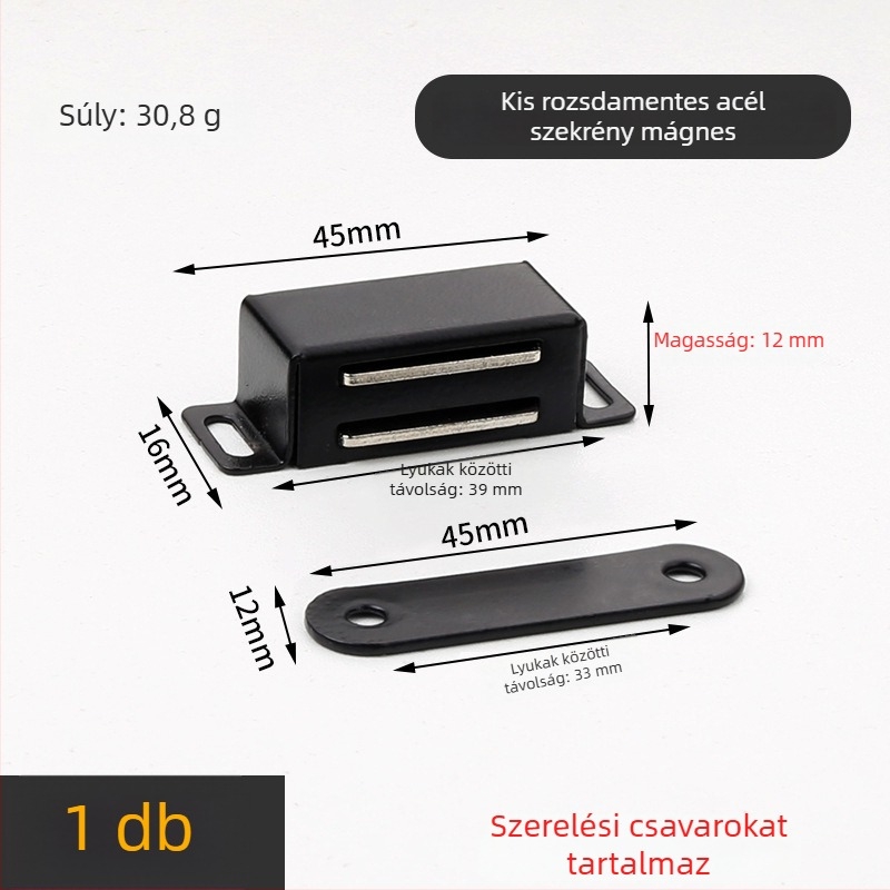 Szekrényajtó mágneszár, csavaros rögzítés, anyag: műanyag–vas, felület: kefés, CT-01 falra szerelés, kézi működtetés