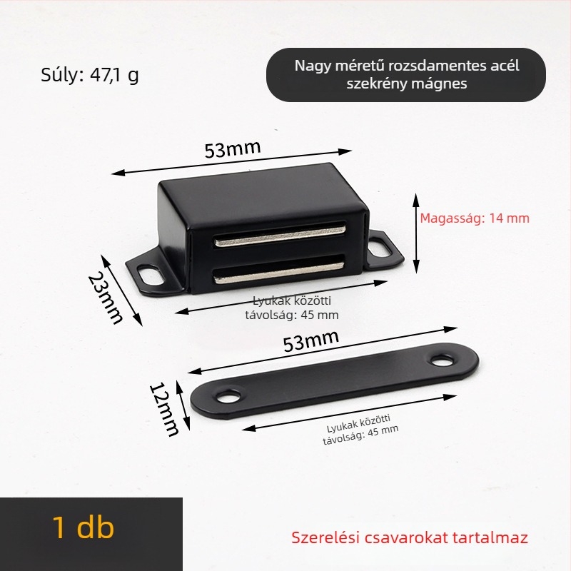Szekrényajtó mágneszár, csavaros rögzítés, anyag: műanyag–vas, felület: kefés, CT-01 falra szerelés, kézi működtetés