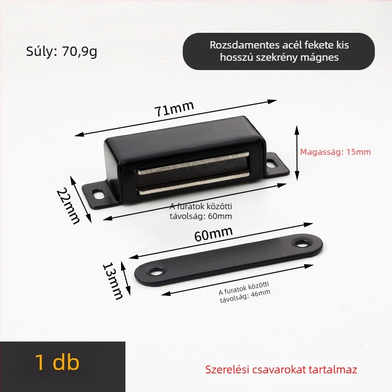 Szekrényajtó mágneszár, csavaros rögzítés, anyag: műanyag–vas, felület: kefés, CT-01 falra szerelés, kézi működtetés