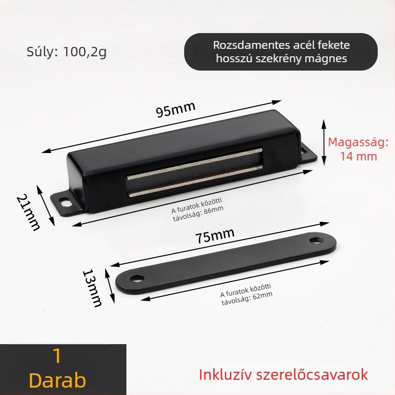 Szekrényajtó mágneszár, csavaros rögzítés, anyag: műanyag–vas, felület: kefés, CT-01 falra szerelés, kézi működtetés