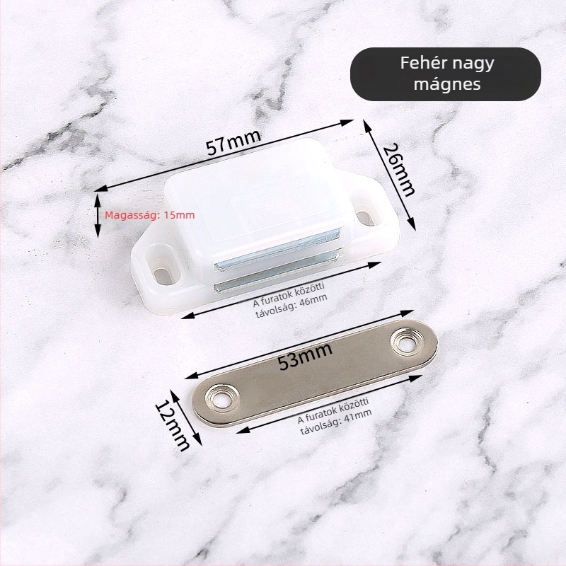 Szekrényajtó mágneszár, csavaros rögzítés, anyag: műanyag–vas, felület: kefés, CT-01 falra szerelés, kézi működtetés