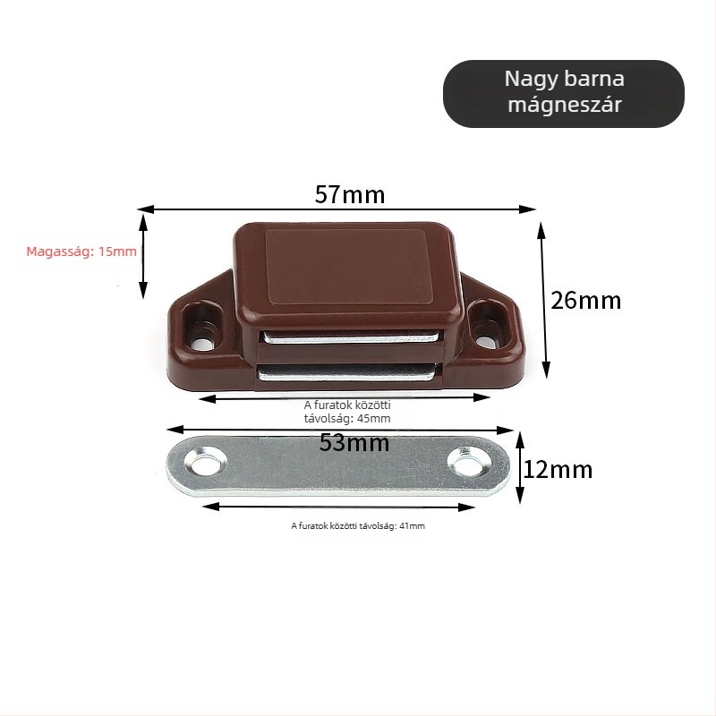 Szekrényajtó mágneszár, csavaros rögzítés, anyag: műanyag–vas, felület: kefés, CT-01 falra szerelés, kézi működtetés