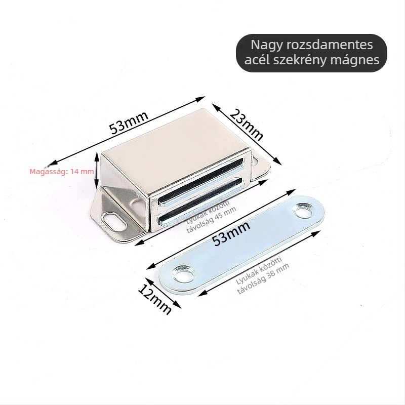Szekrényajtó mágneszár, csavaros rögzítés, anyag: műanyag–vas, felület: kefés, CT-01 falra szerelés, kézi működtetés