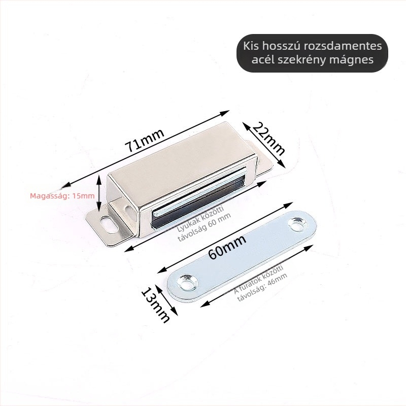 Szekrényajtó mágneszár, csavaros rögzítés, anyag: műanyag–vas, felület: kefés, CT-01 falra szerelés, kézi működtetés