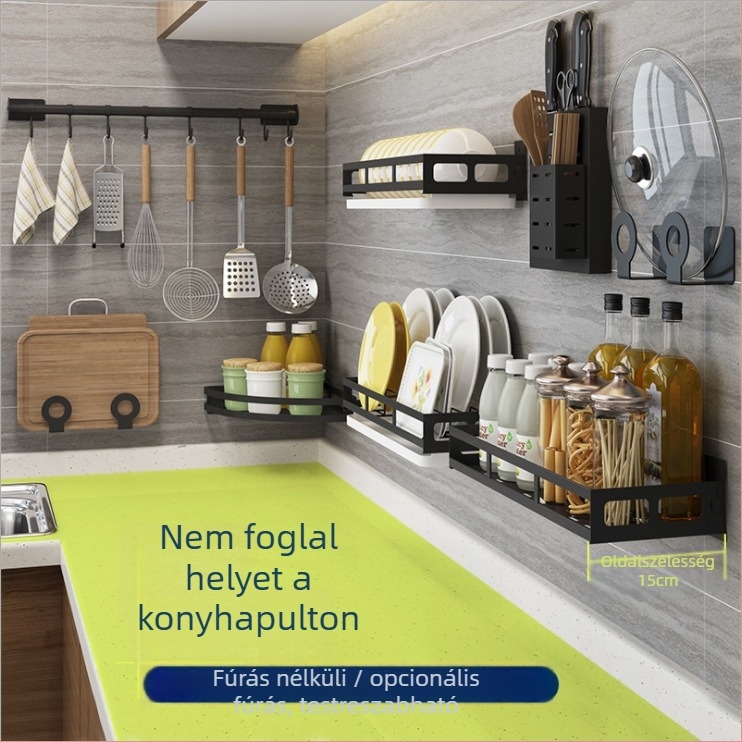Rozsdamentes acél falra szerelhető konyhai állvány kés tartóval, vágódeszka és fedő tárolással – 1 szint, Modell AQ-221