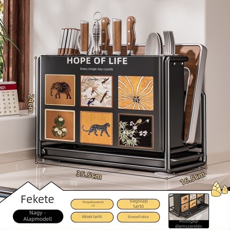 Konyhai késtartó – falra szerelhető, összeszerelés nélkül, szénacél, ZN márka